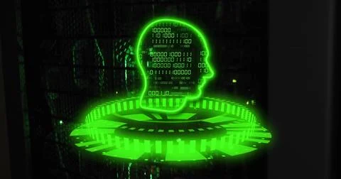 Image of glowing green circular scanner and head with binary data processing and 스톡 일러스트