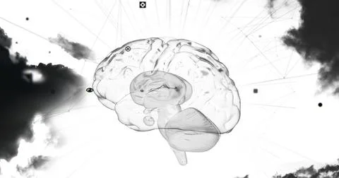 Image of glowing human brain with data processing and clouds Stock Illustration