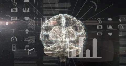 Image of glowing human brain with digital interface data processing Ilustração Stock