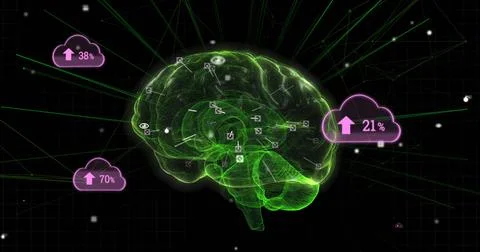 Image of glowing human brain with numbers processing on clouds Stock Illustration