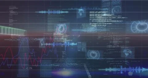 Image of glowing interface with binary numbers and information moving on black Stock Illustration