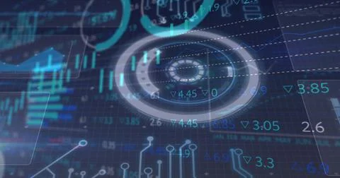 Image of glowing interface with charts and statistics moving on dark background Stock Illustration