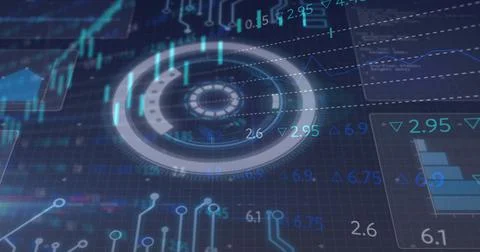 Image of glowing interface with charts and statistics moving on dark background Illustrazione stock