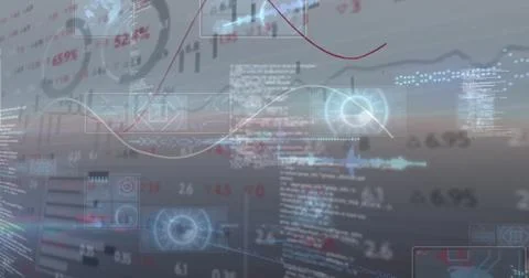 Image of glowing interface with charts, information and statistics moving on Stock Photos