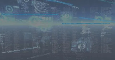 Image of glowing interface screens with information,light and text moving over Illustrazione stock