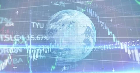 Image of glowing interface with turning globe, data and information moving on Stock Illustration