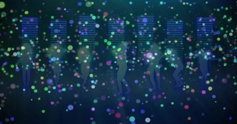 Image of glowing light spots moving over black background Ilustração Stock