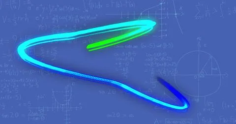 Image of glowing light trail and mathematical data processing over blue Illustrazione stock