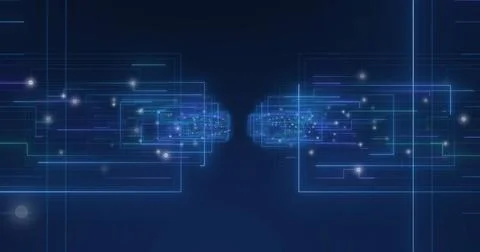 Image of glowing light trails and data processing on blue background Illustrazione stock
