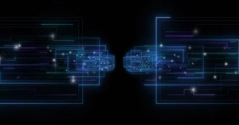 Image of glowing light trails and data processing on black background Illustrazione stock