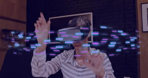 Image of glowing light trails of data transfer over caucasian woman in vr Stock Photos