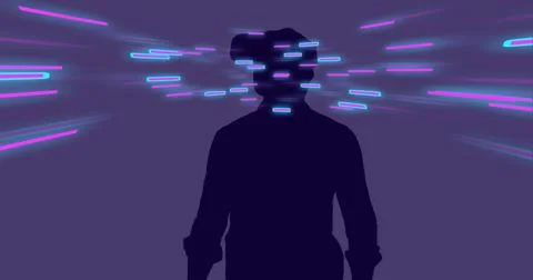 Image of glowing light trails of data transfer over man in vr headset Stock Photos