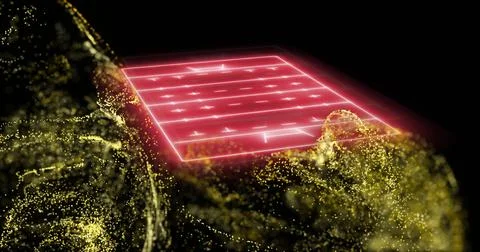 Image of glowing light trails moving over sports field on black background Stock Illustration