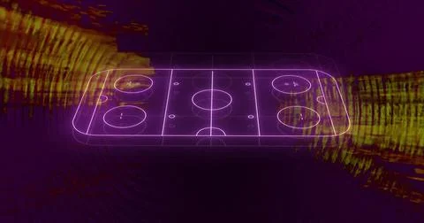Image of glowing light trails moving over sports field on black background Stock Illustration