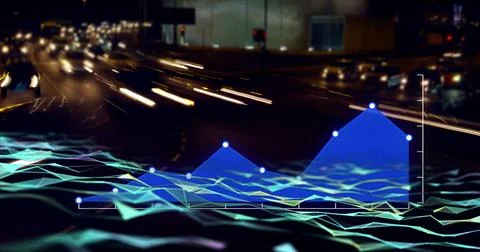 Image of glowing light trails over road and night cityscape Ilustração Stock