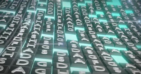 Image of glowing light trails over rows of green letters sequencing moving in Stockfoto's
