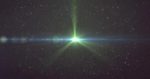 Image of glowing lights over night sky with stars Ilustração Stock