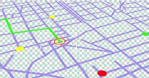 Image of glowing location point moving on city street map over transparent Ilustração Stock
