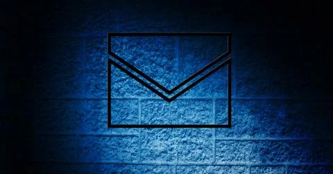Image of glowing neon envelope icon on brick wall Stock Photos