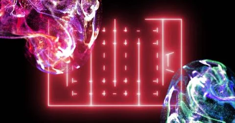 Image of glowing network of connections over sports field on black background 스톡 일러스트