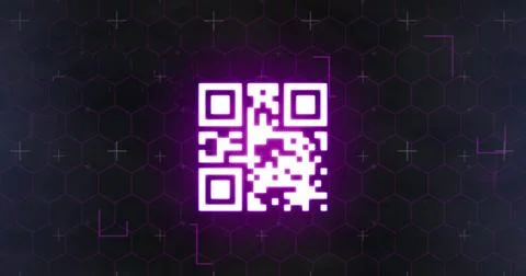 Image of glowing online security qr code with markers and hexagons on black Illustrazione stock