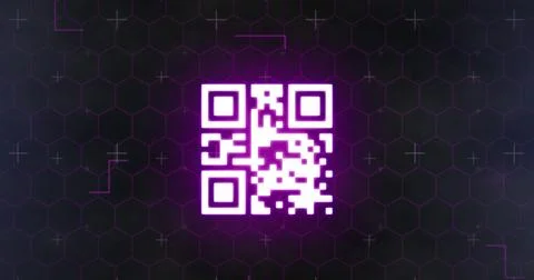 Image of glowing online security qr code with markers and hexagons on black Illustrazione stock