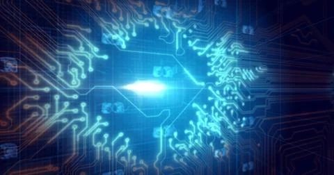 Image of glowing orange 5g text over blue processor socket Stock Illustration