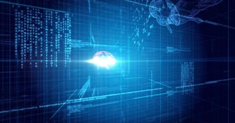 Image of glowing orange human brain over blue processor socket Illustrazione stock