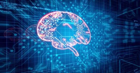 Image of glowing orange human brain over blue processor socket Illustrazione stock