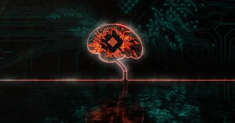 Image of glowing orange human brain over blue processor socket Illustrazione stock