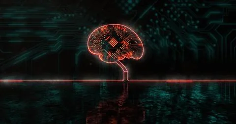 Image of glowing orange human brain over blue processor socket Illustrazione stock