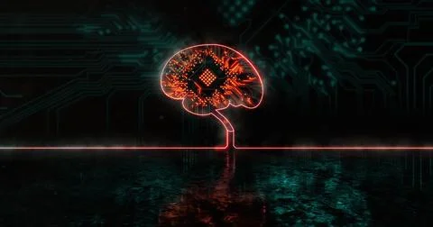 Image of glowing orange human brain over blue processor socket Illustrazione stock