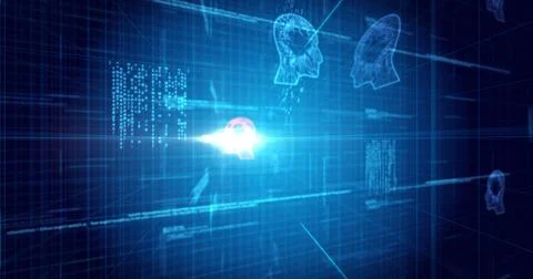 Image of glowing orange human head over blue processor socket Stock Illustration