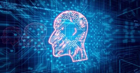 Image of glowing orange human head over blue processor socket Stock Illustration