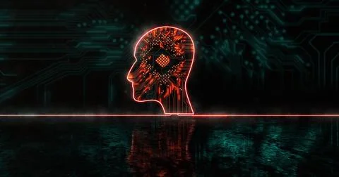 Image of glowing orange human head k over blue processor socket Stock Illustration