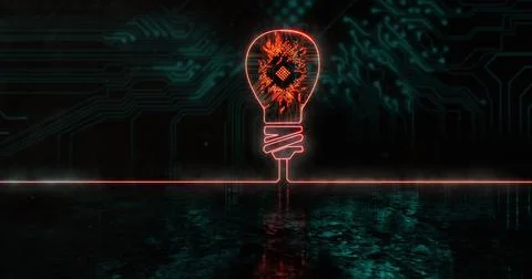 Image of glowing orange light bulb over blue processor socket Stock Illustration