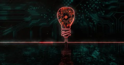 Image of glowing orange light bulb over blue processor socket Stock Illustration