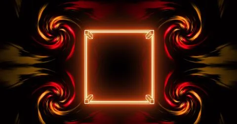 Image of glowing orange square frame and four rotating spirals on black Stock Illustration