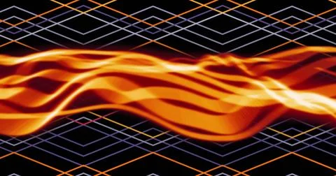 Image of glowing orange waves moving over orange and white lines on black Stock Photos