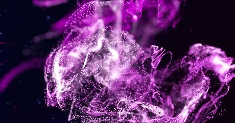 Image of glowing pink particle waves and red and blue flashes moving on black Stock Photos
