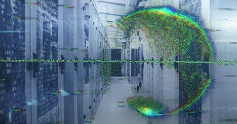 Image of glowing pixel globe and data processing over server room 스톡 사진