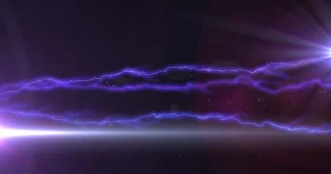 Image of glowing purple lightning flashes and white beam of light on dark Stock Illustration