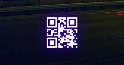 Image of glowing qr code over red light trails Illustrazione stock