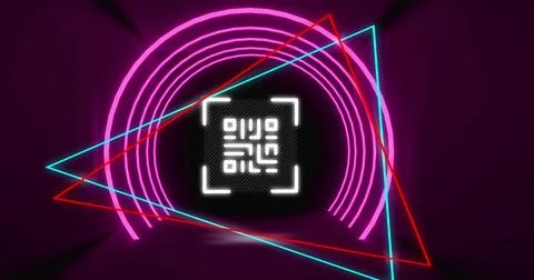 Image of glowing qr code over neon shapes on purple background 스톡 일러스트