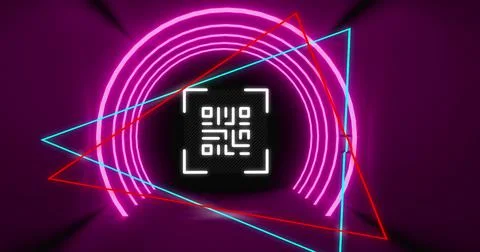 Image of glowing qr code over neon shapes on purple background Stock Illustration