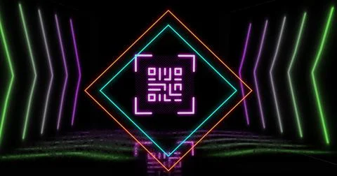 Image of glowing qr code over neon geometric shapes Stock Illustration