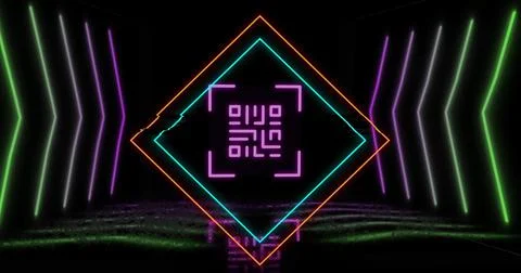 Image of glowing qr code over neon geometric shapes Stock Illustration