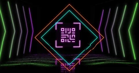 Image of glowing qr code over neon geometric shapes Stock Illustration