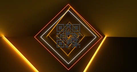 Image of glowing qr code over neon geometric shapes Stock Illustration