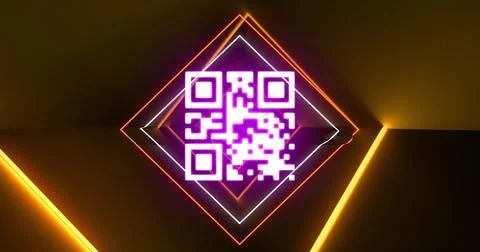 Image of glowing qr code over neon geometric shapes イラスト素材